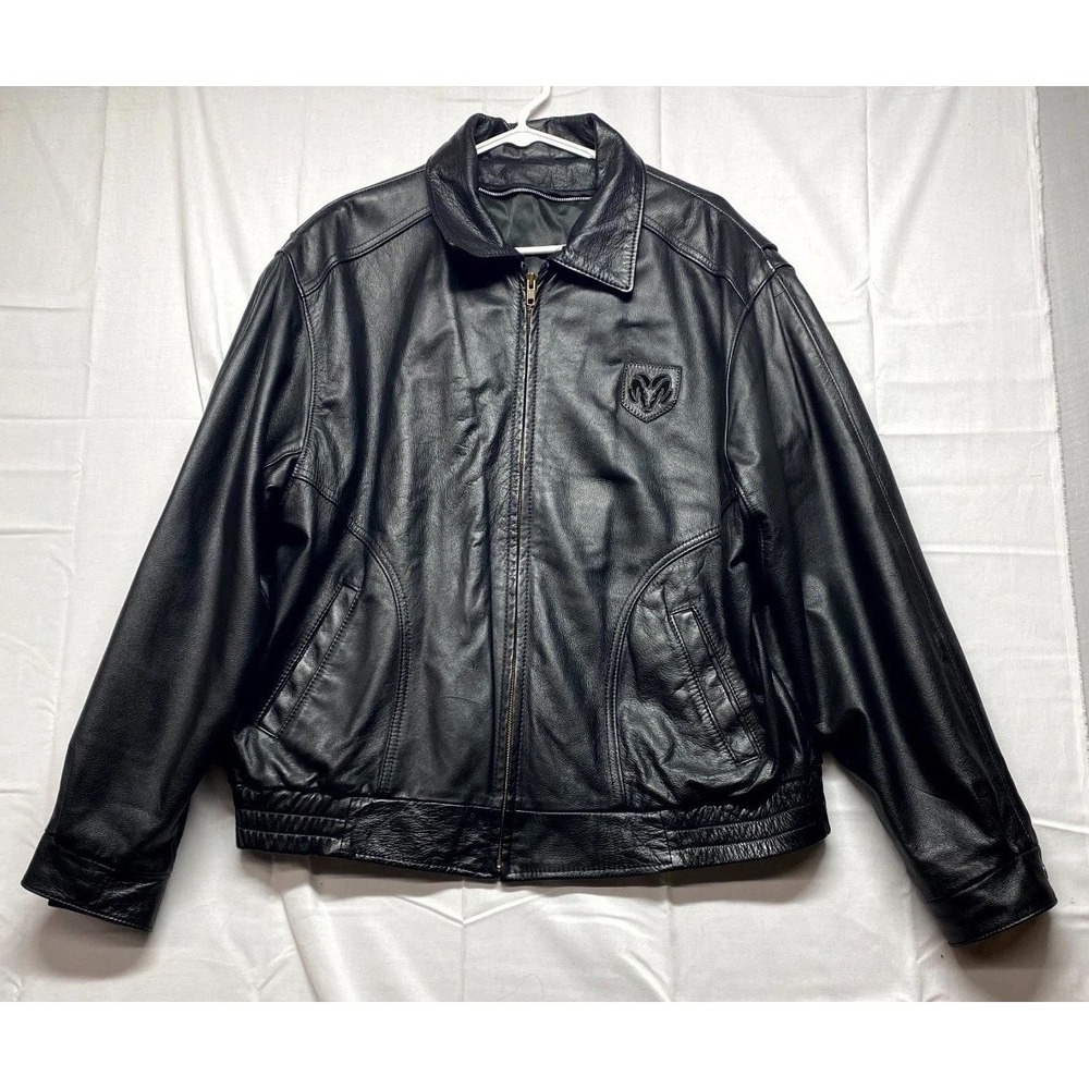 Vintage Genuine Leather Bomber Jacket Mens Large Black Dodge Ram Logo Full Zip